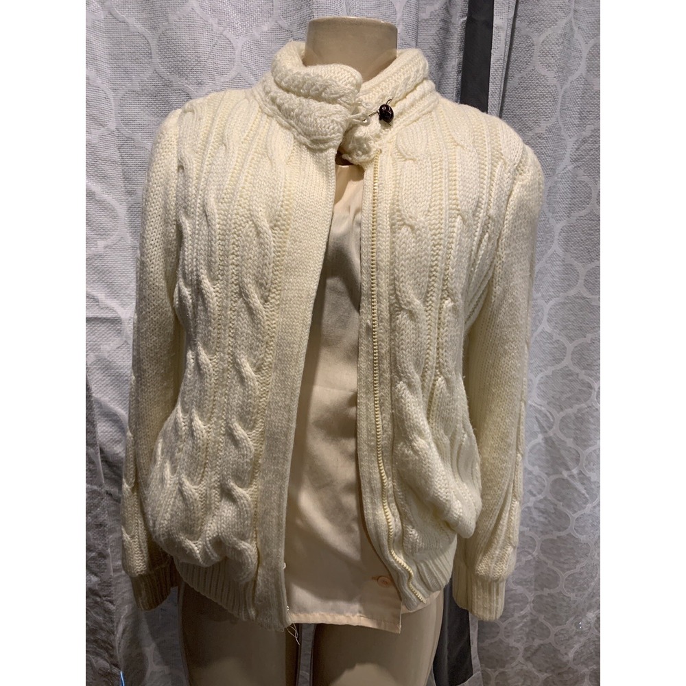 VTG 80s CHERRY STIX IVORY Zip Up Sz S CARDIGAN Faux Fur Lined Cable Knit Jacket